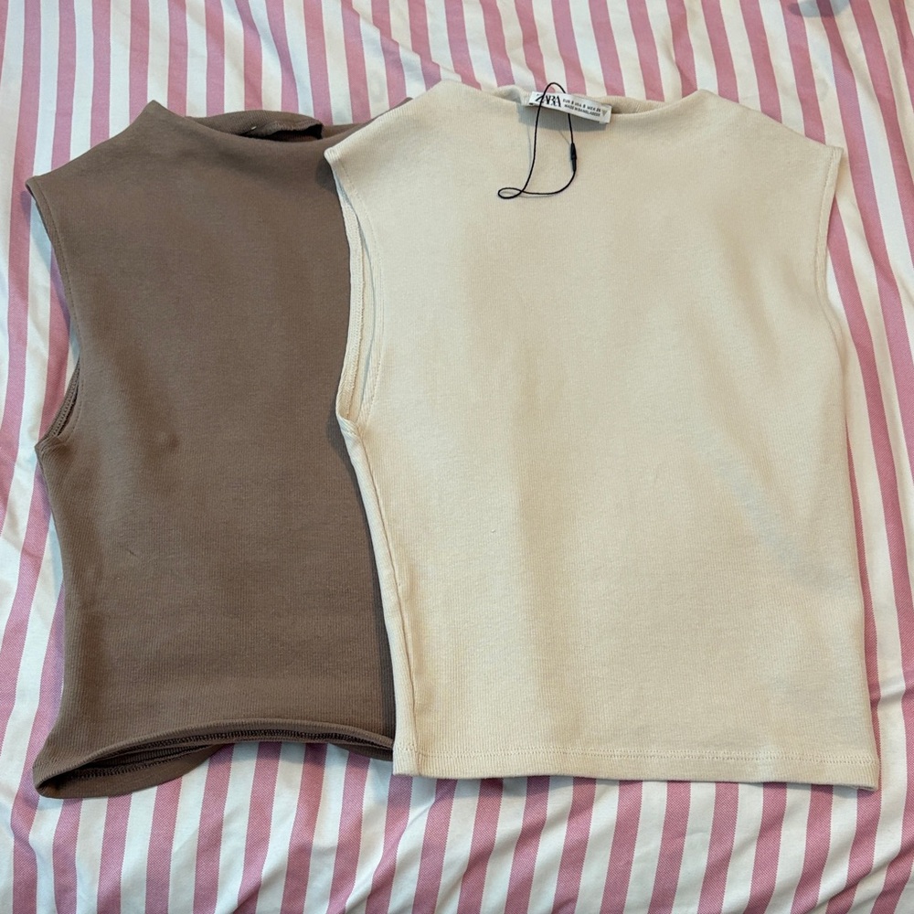 Zara Cream and Brown Sleeveless Going out Tops